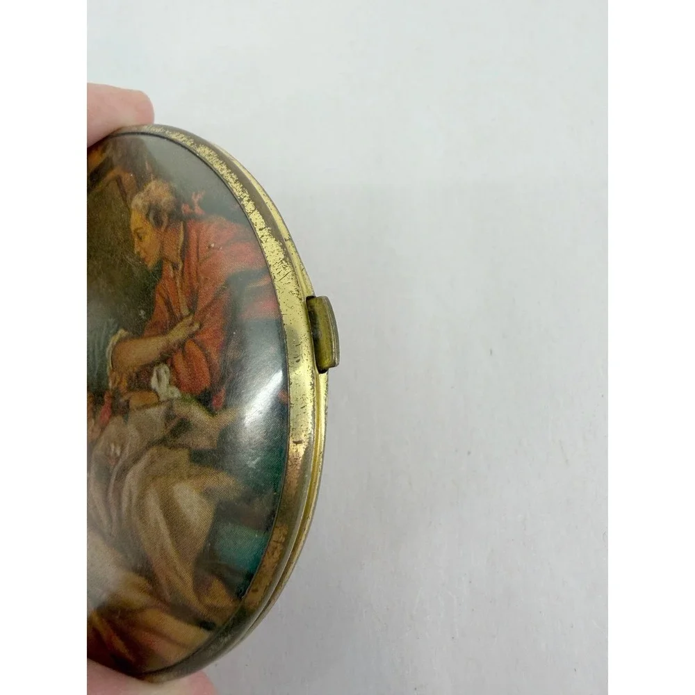 Vintage Gold Tone Round Double Compact Mirror Renaissance Fragonard Scene